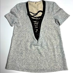 Womens gray and black deep V-neck with draw string